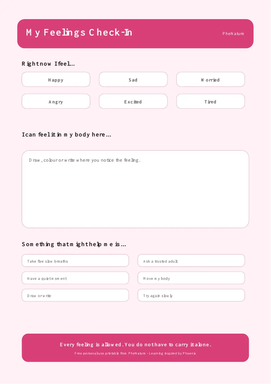 Preview of the PheNature My Feelings Check-In printable worksheet