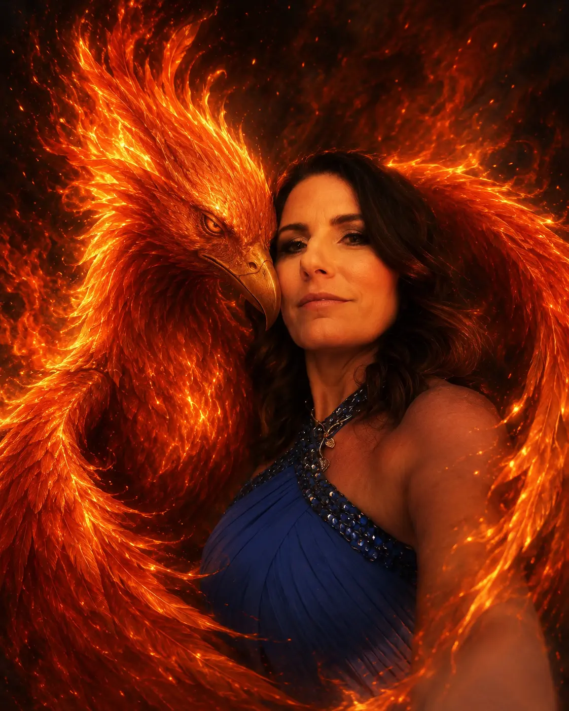 Lisa Birkett pictured with a glowing phoenix
