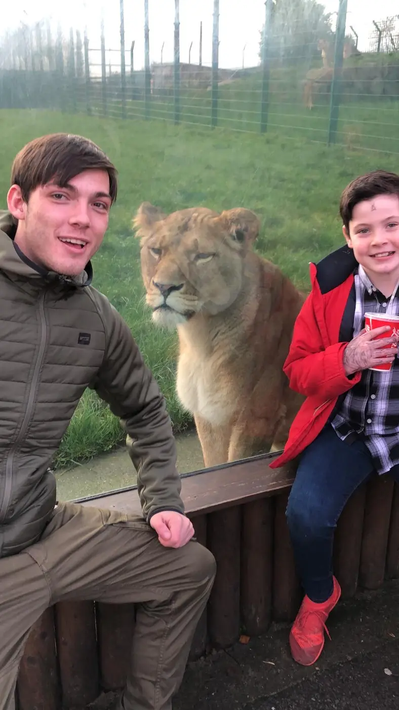 Phoenix smiling beside a lion during a family day out