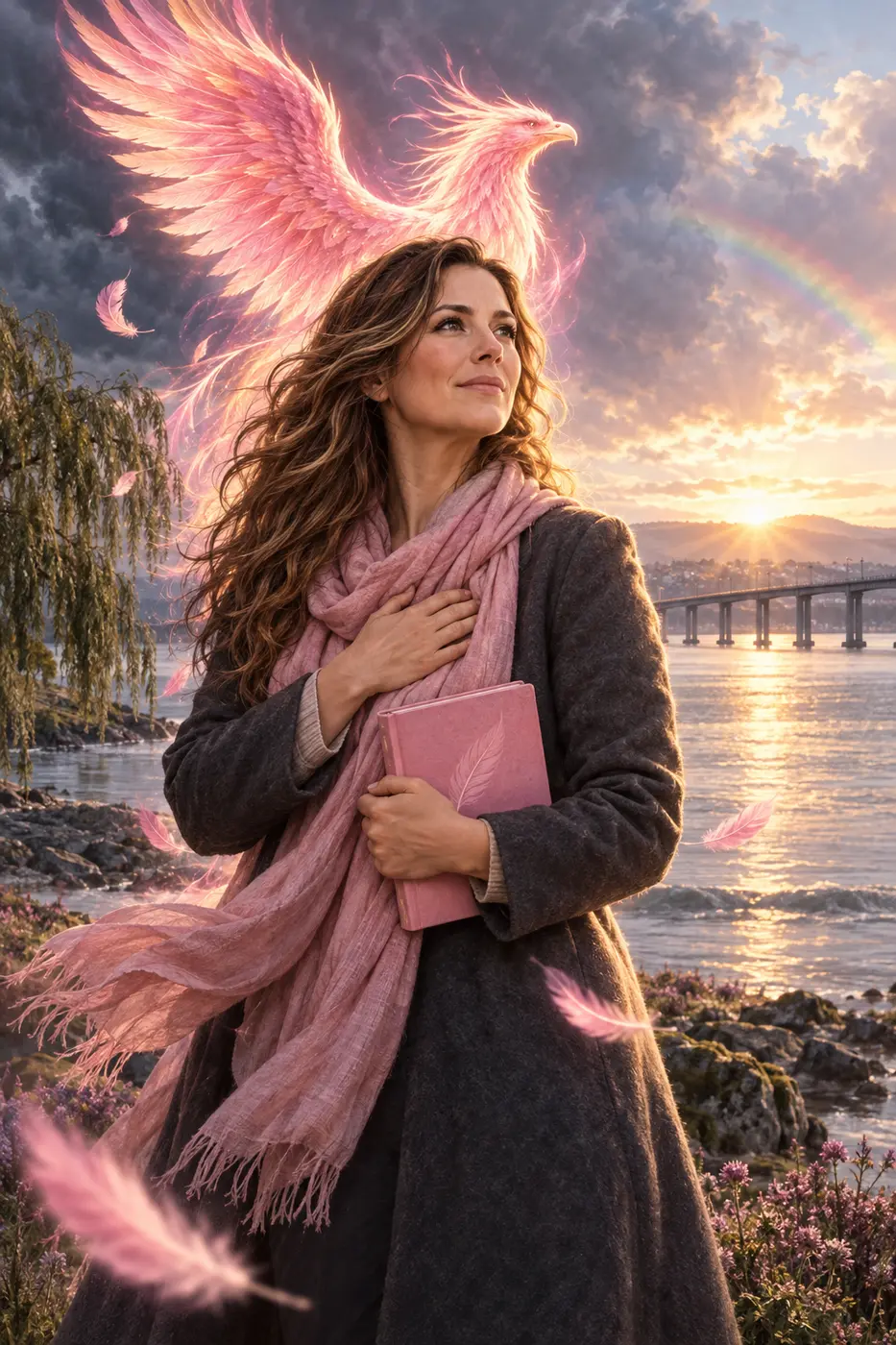 Symbolic illustration of Lisa carrying Phoenix in her heart, with a pink phoenix, rainbow, willow tree and the Tay Bridge